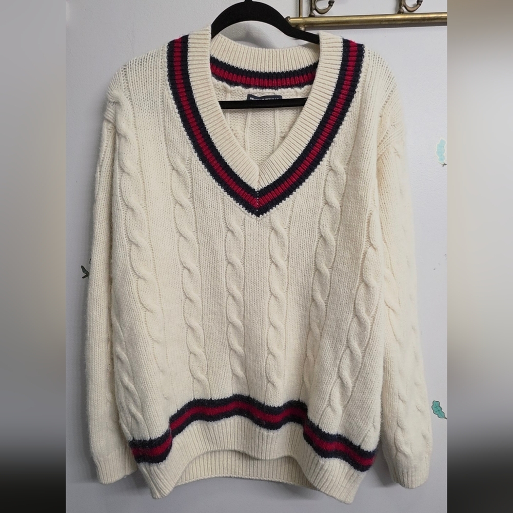 Brandy Melville Nikki Varsity Stripe Cream Cable Knit Sweater V-Neck OS S M L XL